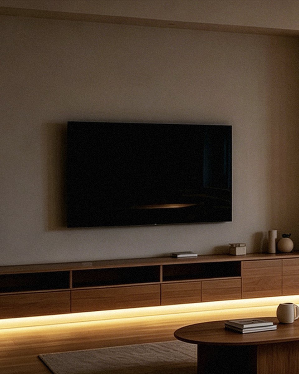 Strip light under a low TV cabinet in a living room