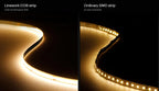 Close-up: a COB strip gives one unbroken line of light, an ordinary SMD strip shows every dot