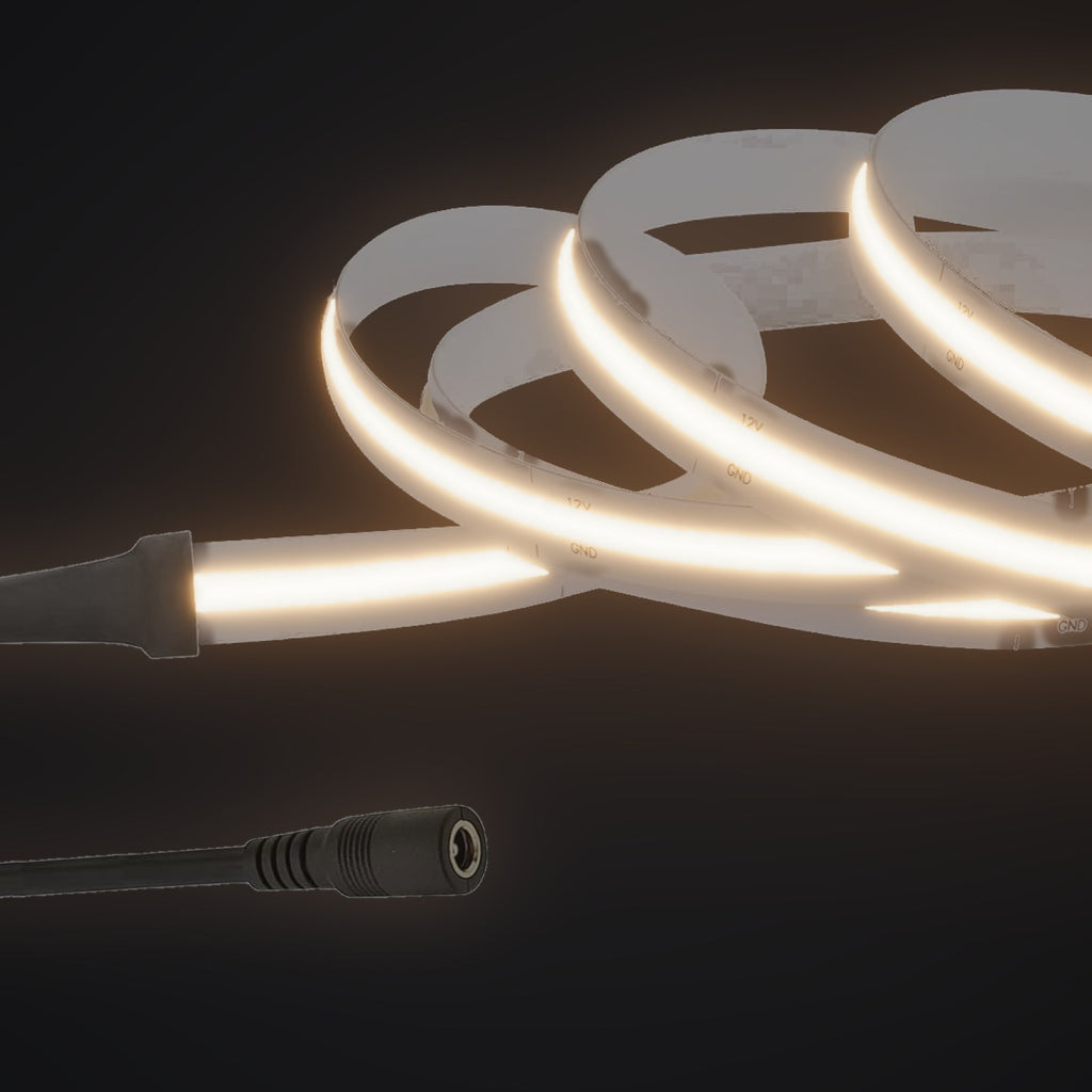 Linework COB strip in 3000K soft warm white, with 12V DC barrel socket
