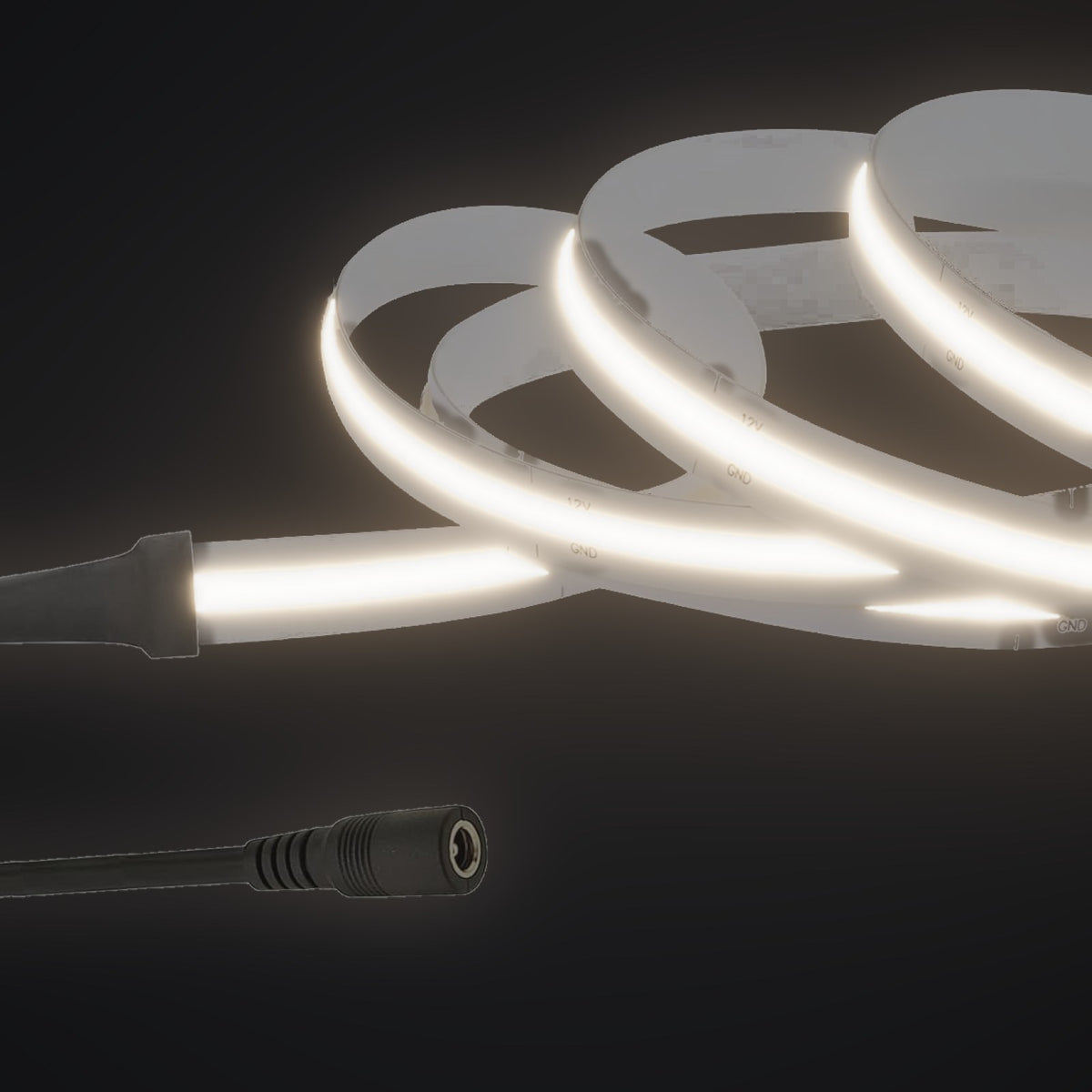 Linework COB strip in 4000K natural white, with 12V DC barrel socket