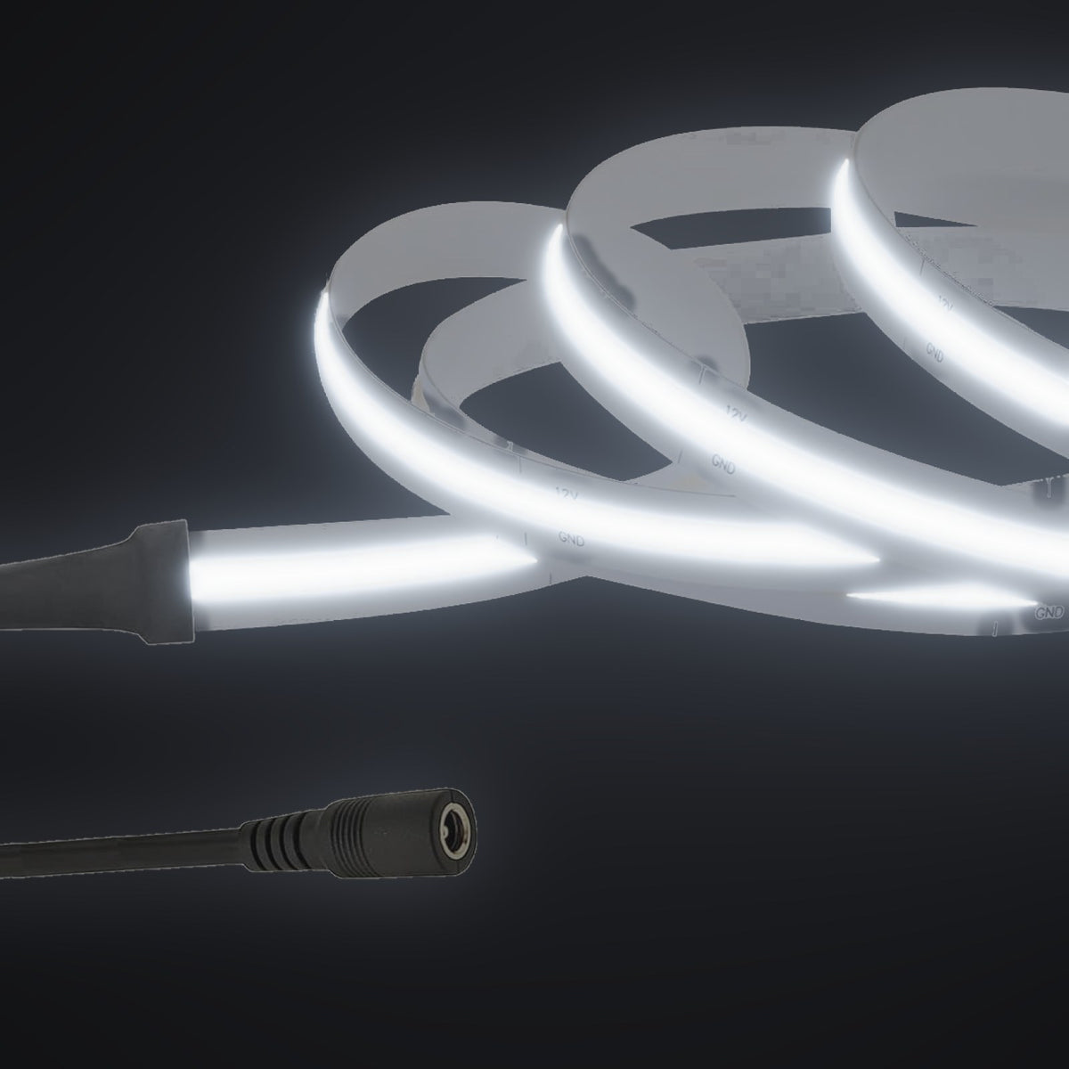 Linework COB strip in 6000K cool white, with 12V DC barrel socket