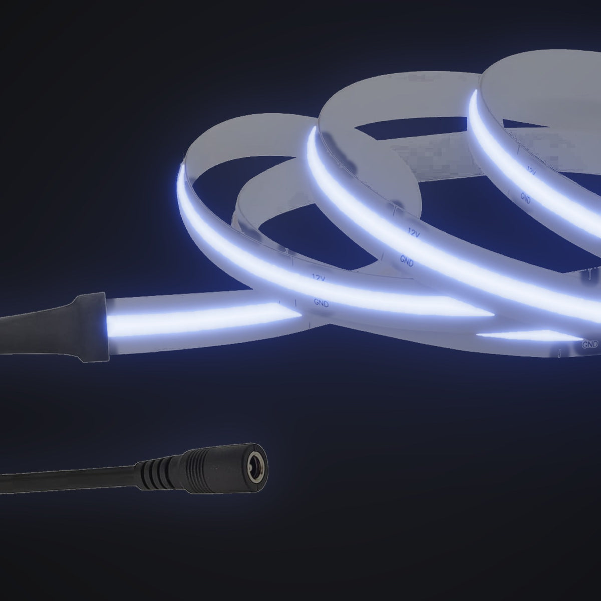 Linework COB strip in blue, with 12V DC barrel socket