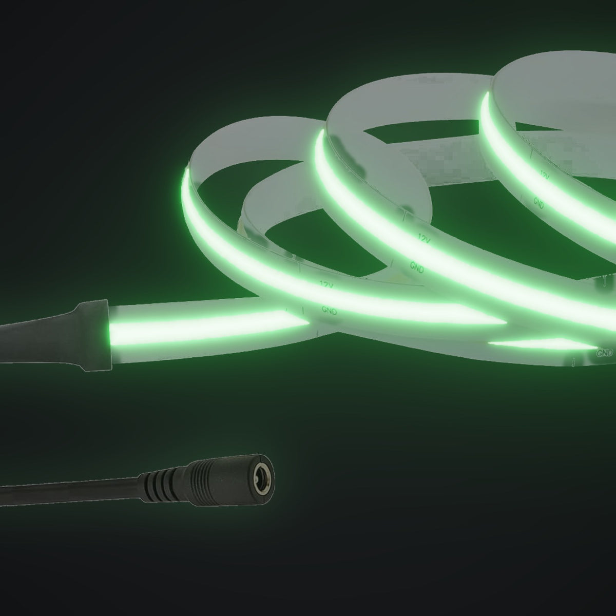 Linework COB strip in green, with 12V DC barrel socket