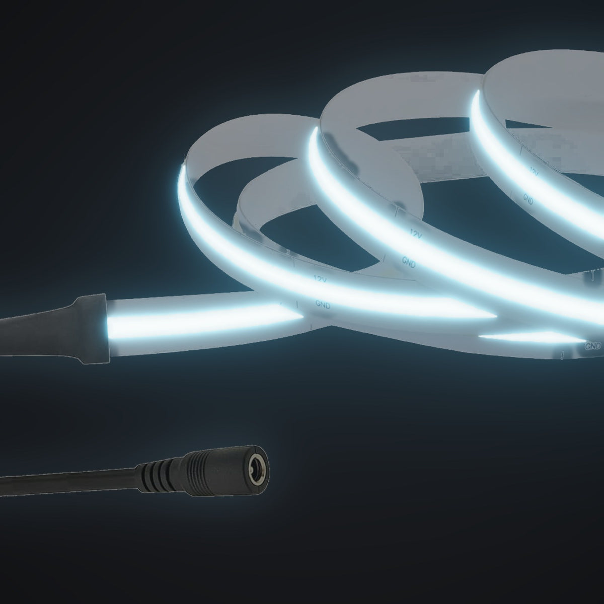 Linework COB strip in ice blue, with 12V DC barrel socket