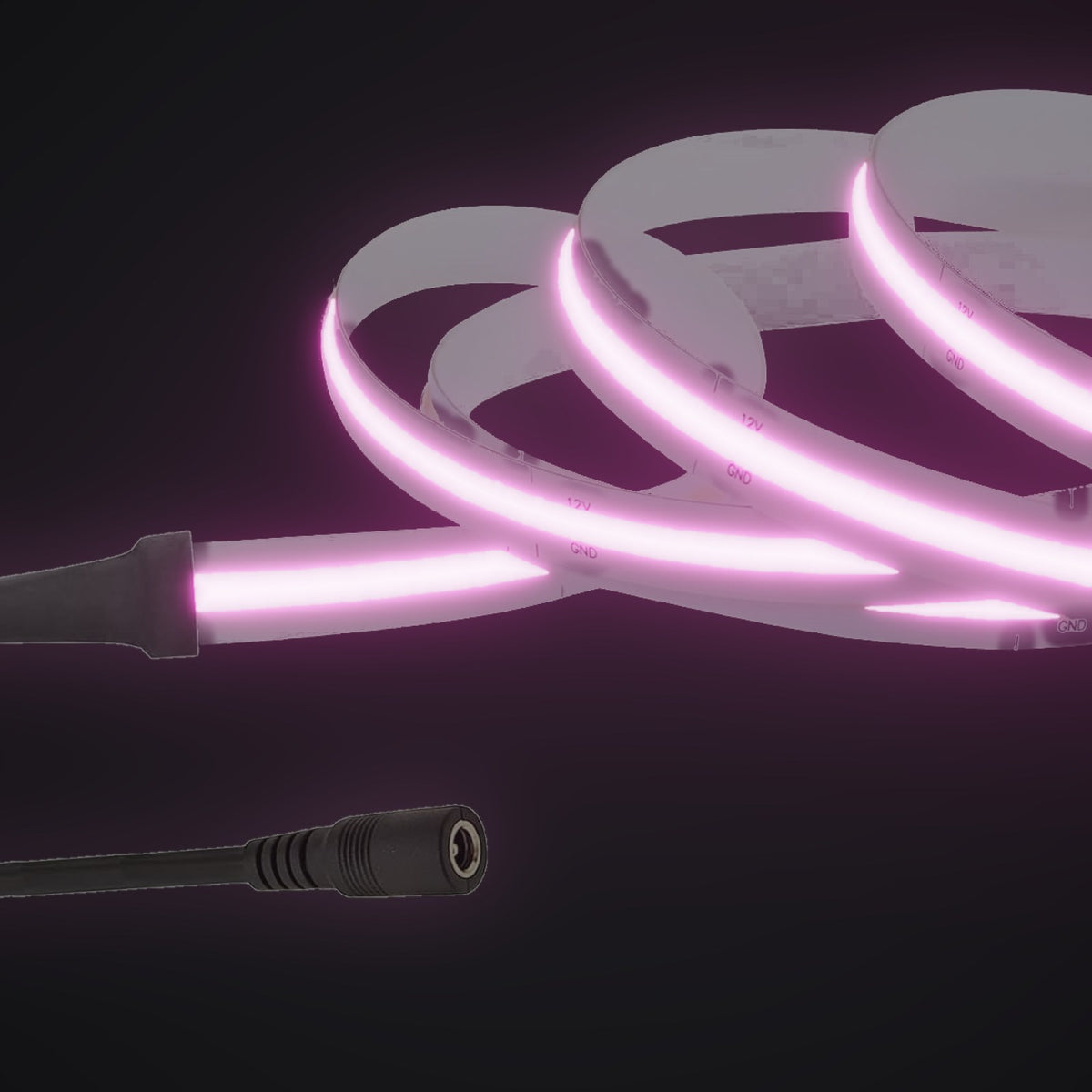 Linework COB strip in pink, with 12V DC barrel socket
