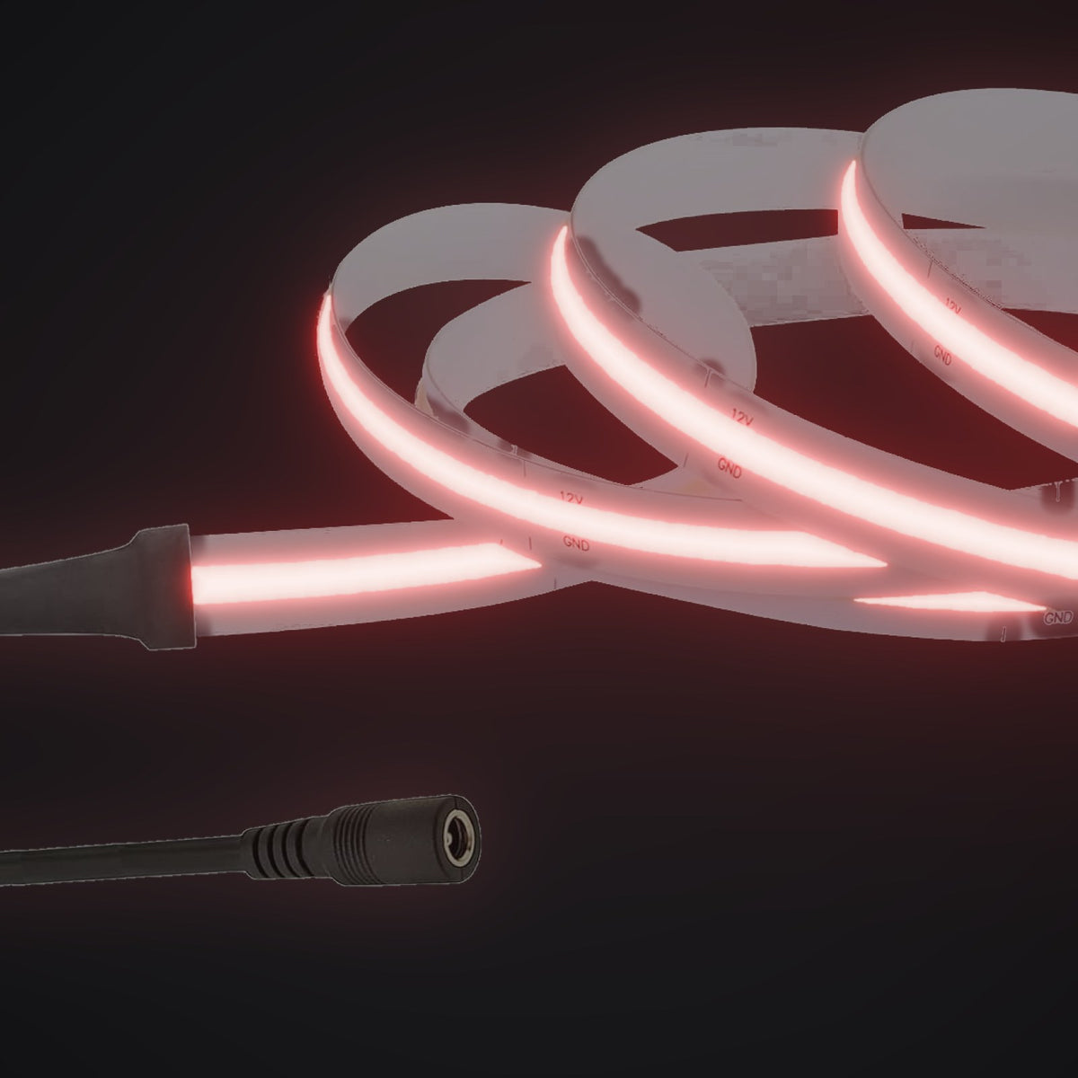 Linework COB strip in red, with 12V DC barrel socket