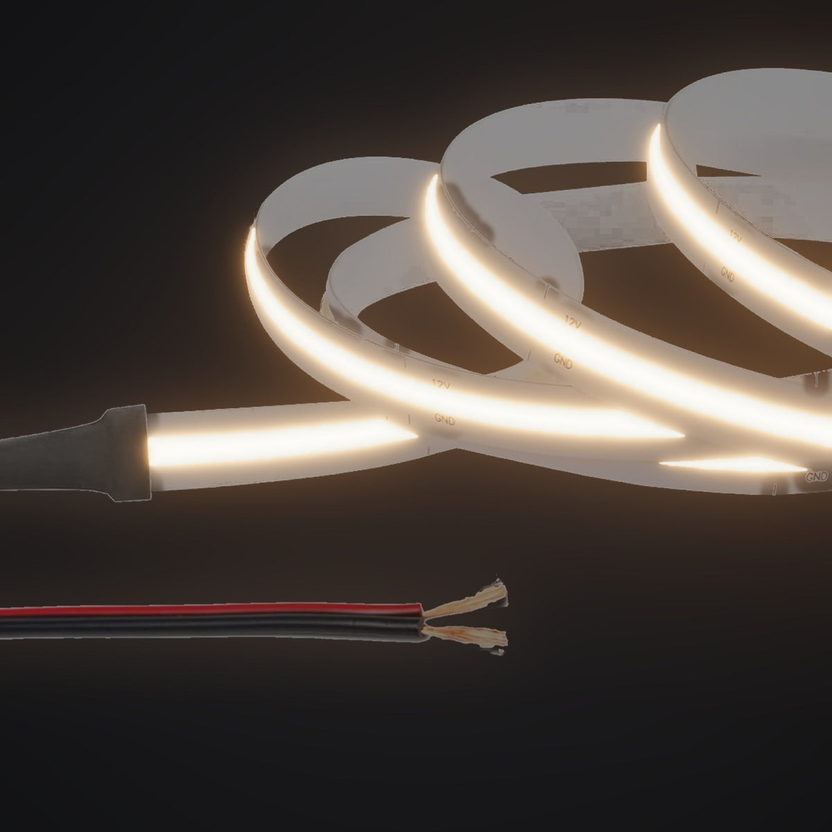Linework COB strip in 3000K soft warm white, with 12V bare red and black leads