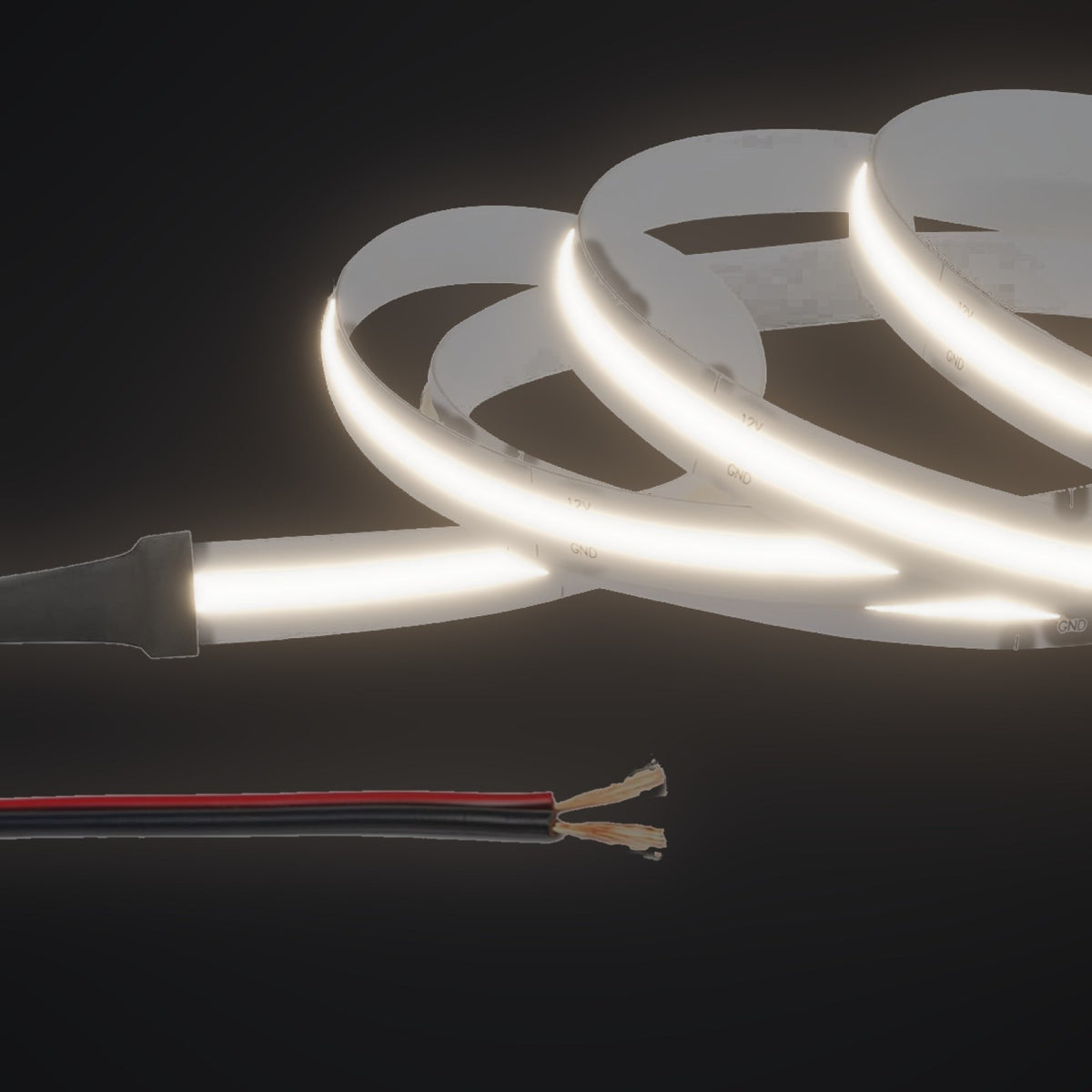 Linework COB strip in 4000K natural white, with 12V bare red and black leads