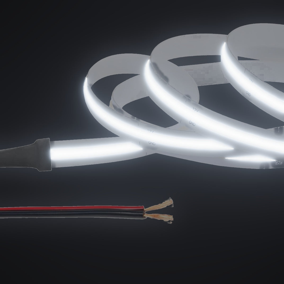 Linework COB strip in 6000K cool white, with 12V bare red and black leads