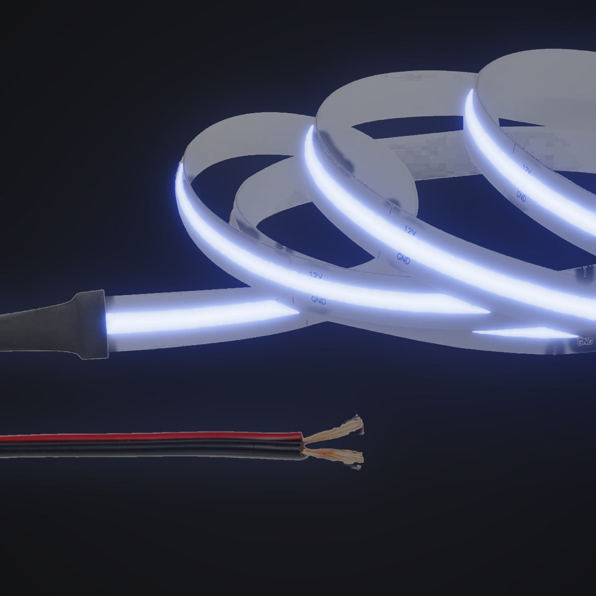 Linework COB strip in blue, with 12V bare red and black leads