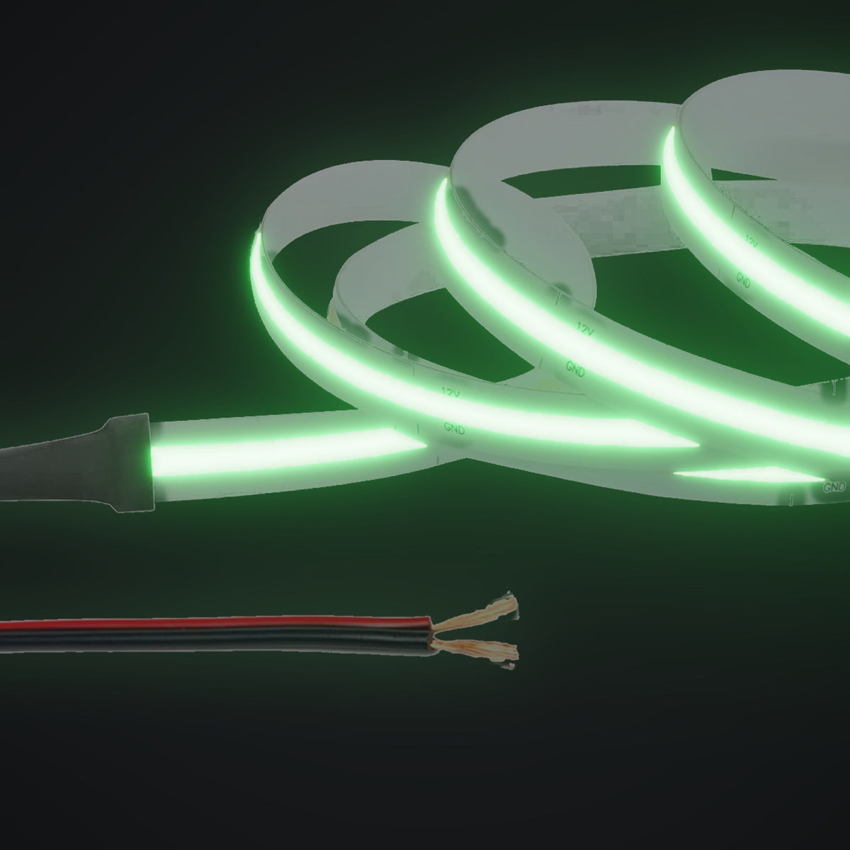 Linework COB strip in green, with 12V bare red and black leads