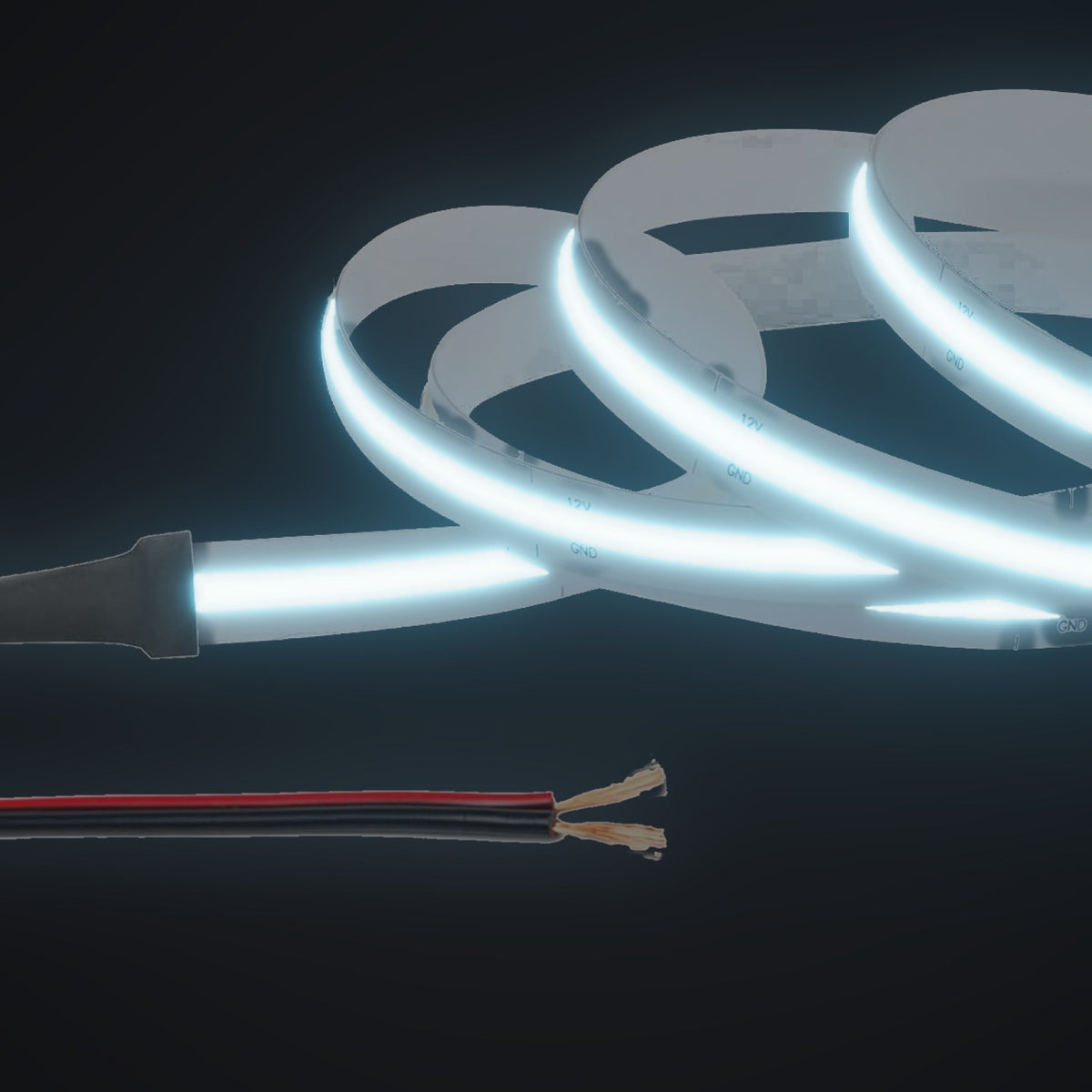 Linework COB strip in ice blue, with 12V bare red and black leads