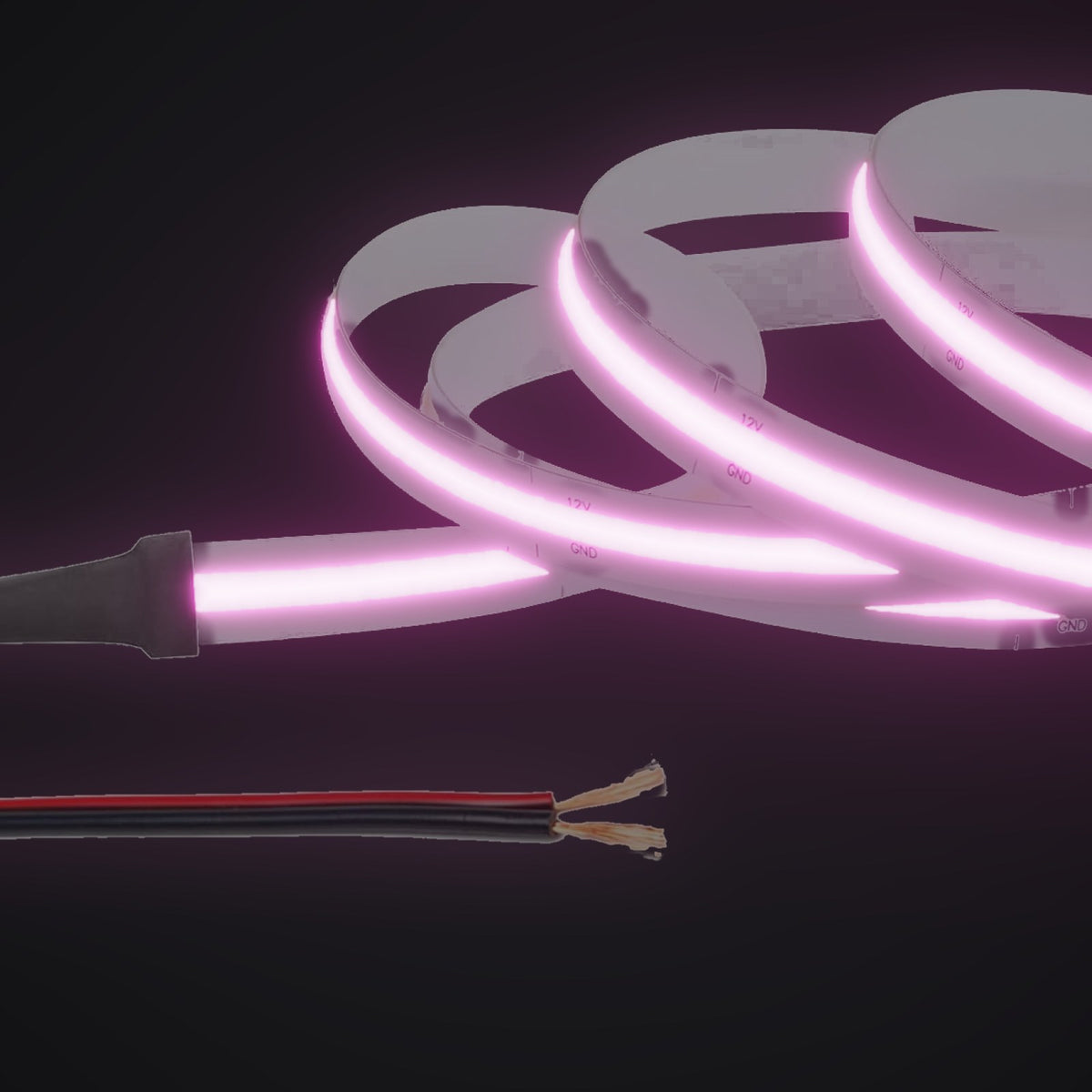 Linework COB strip in pink, with 12V bare red and black leads