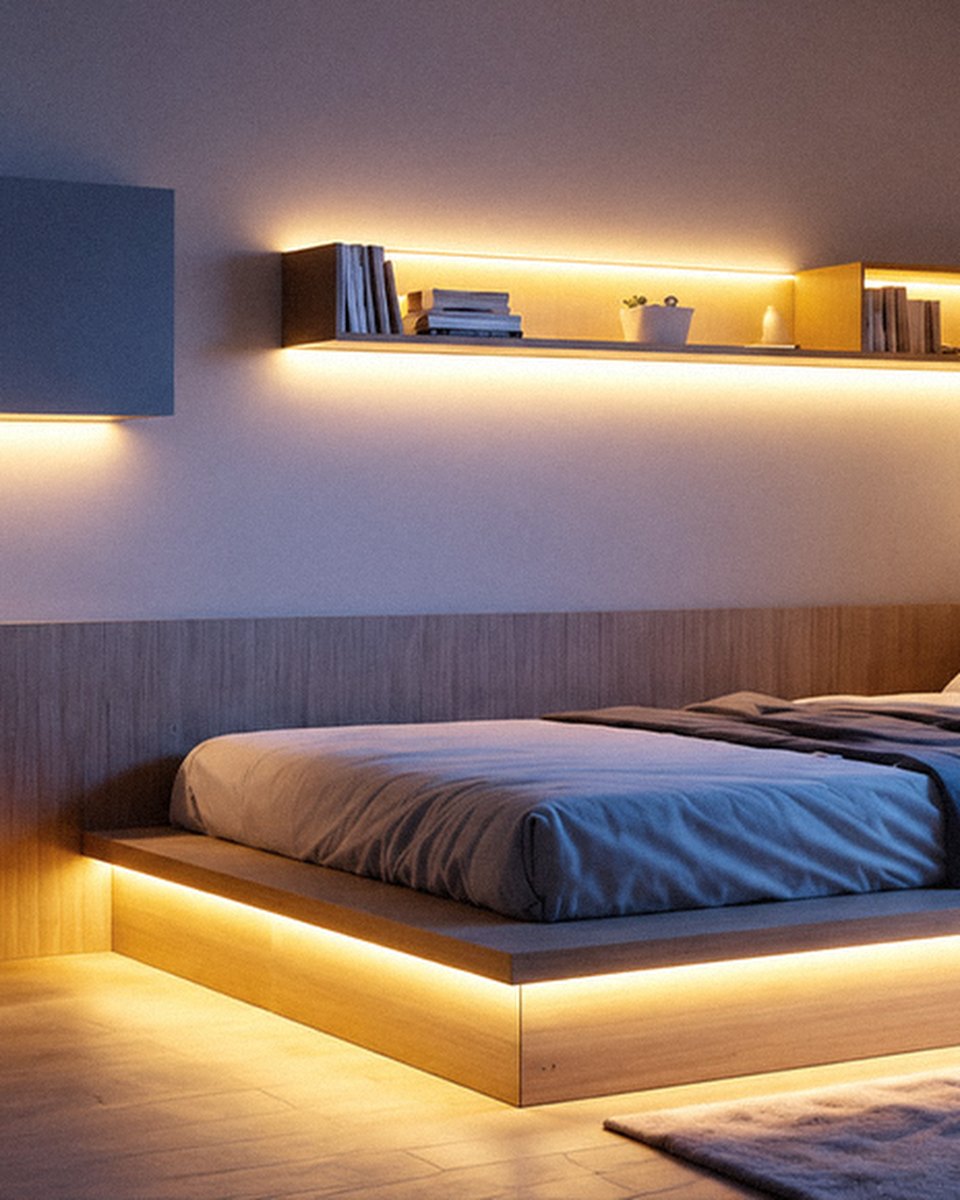 Strip light under a platform bed and a floating wall shelf