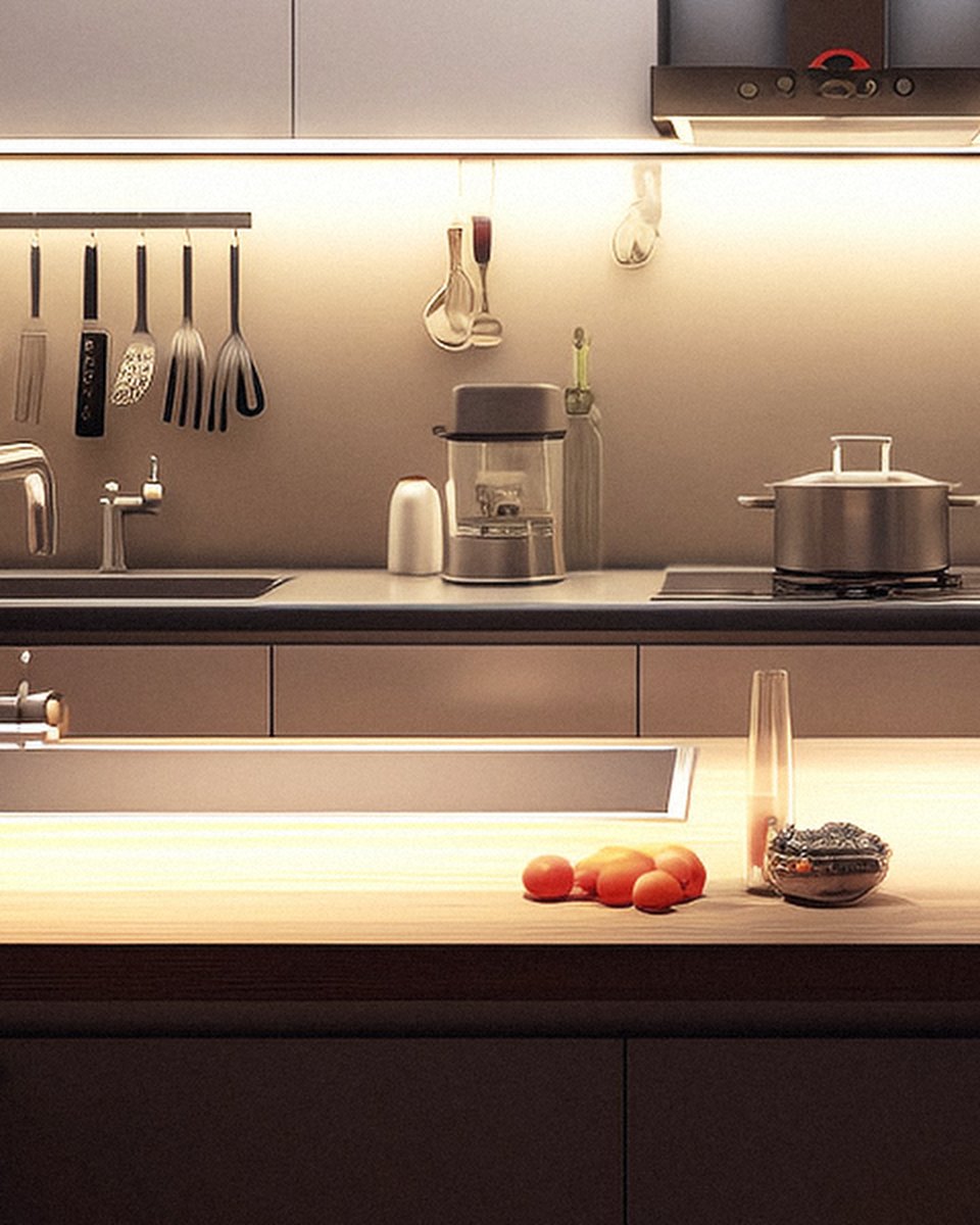 Strip light under kitchen wall cabinets, lighting the worktop
