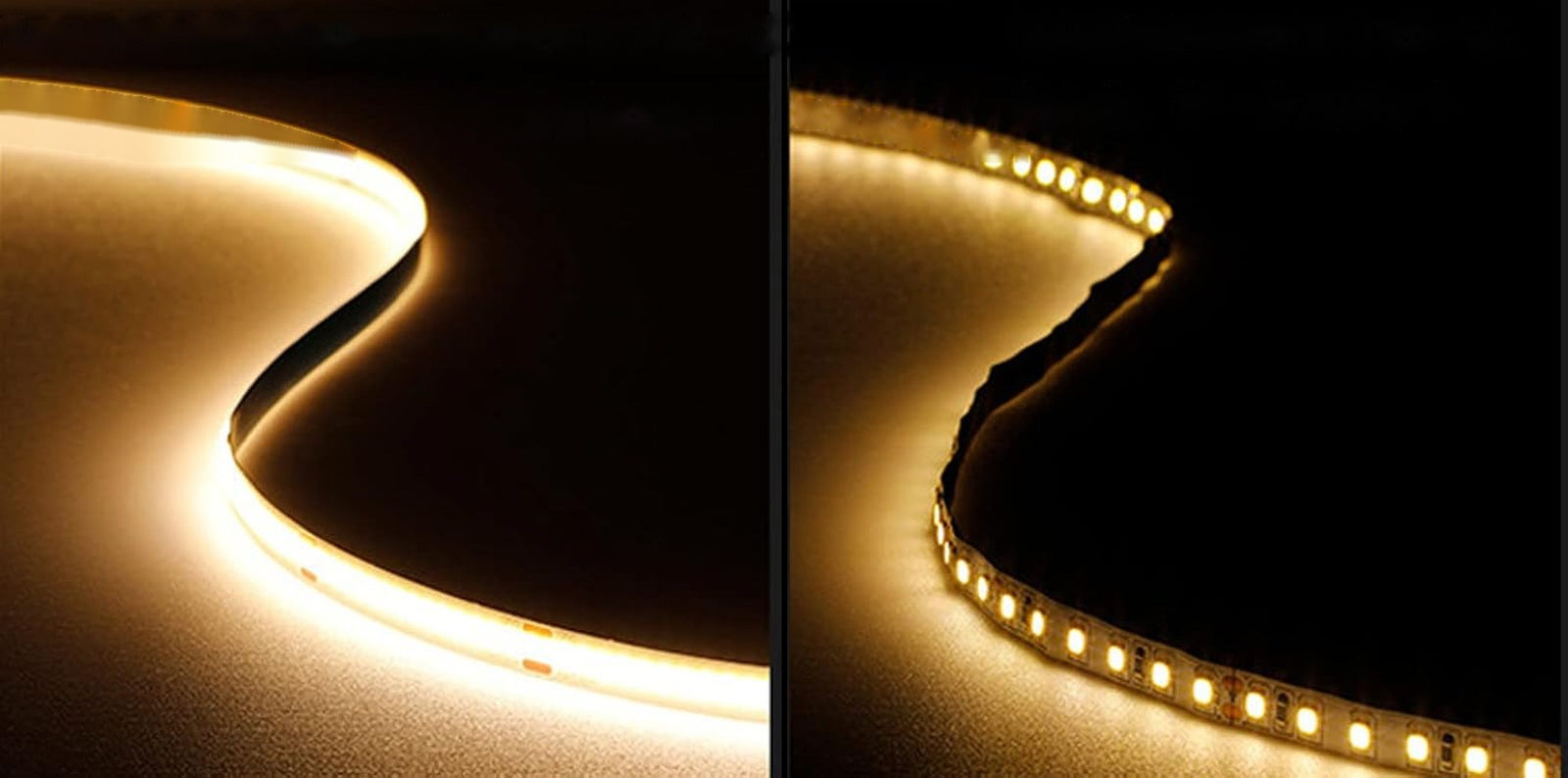 Close-up of a lit Linework COB strip beside an ordinary SMD strip: one continuous line against a row of points