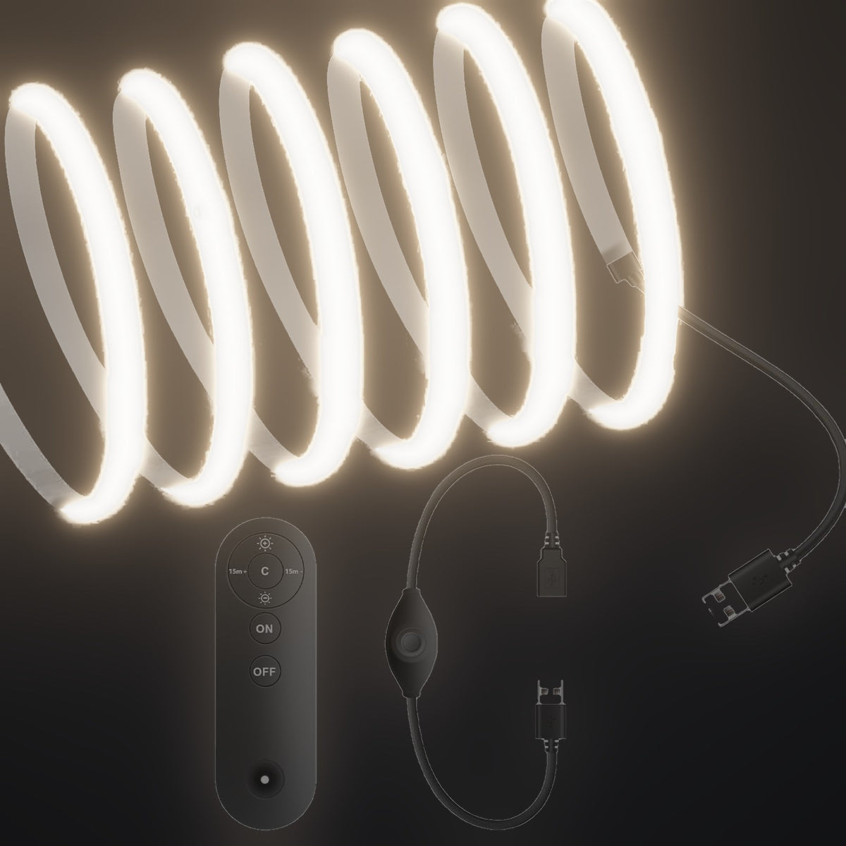 Linework COB strip in 4000K natural white, with USB plug and one remote dimmer