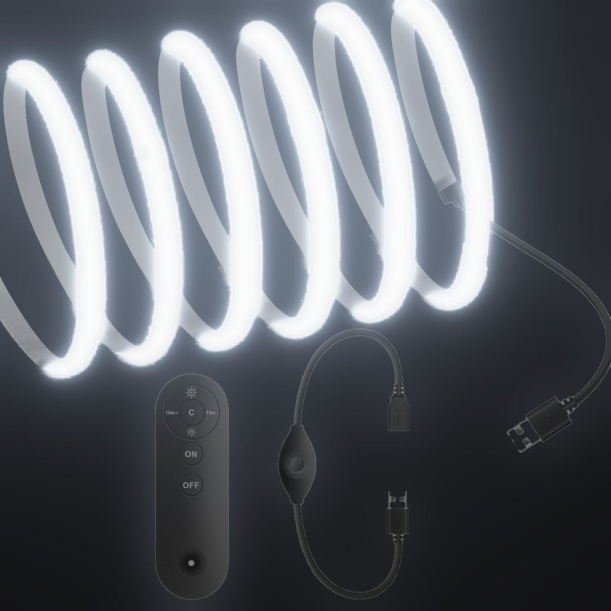 Linework COB strip in 6000K cool white, with USB plug and one remote dimmer
