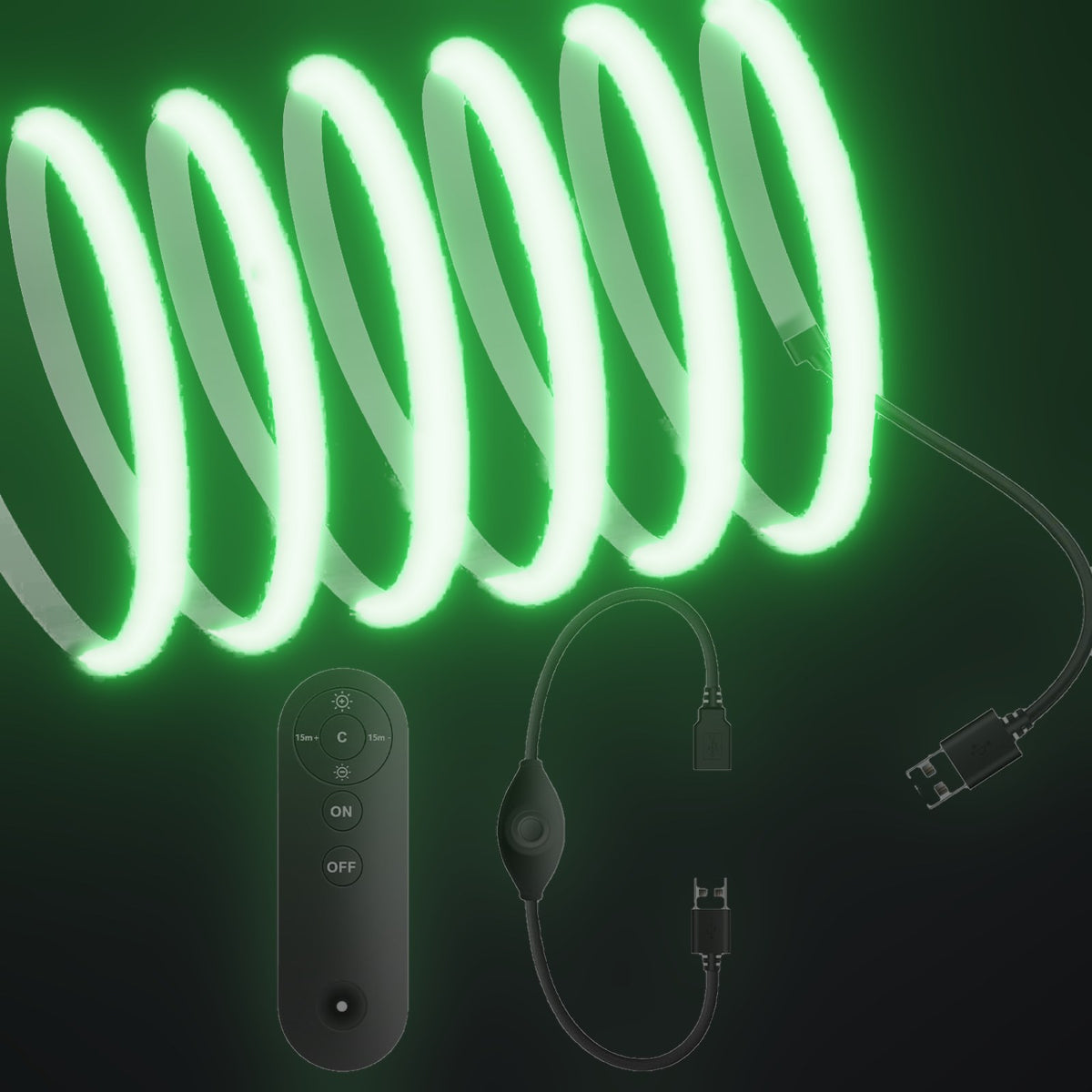 Linework COB strip in green, with USB plug and one remote dimmer