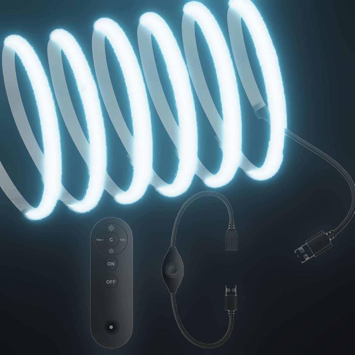 Linework COB strip in ice blue, with USB plug and one remote dimmer