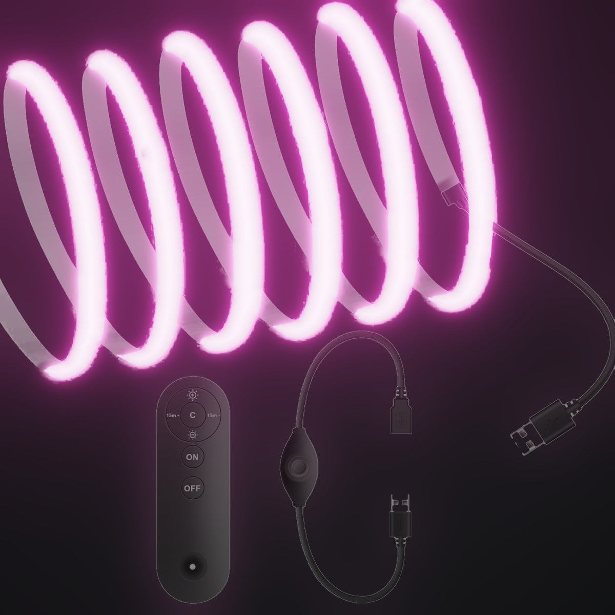 Linework COB strip in pink, with USB plug and one remote dimmer