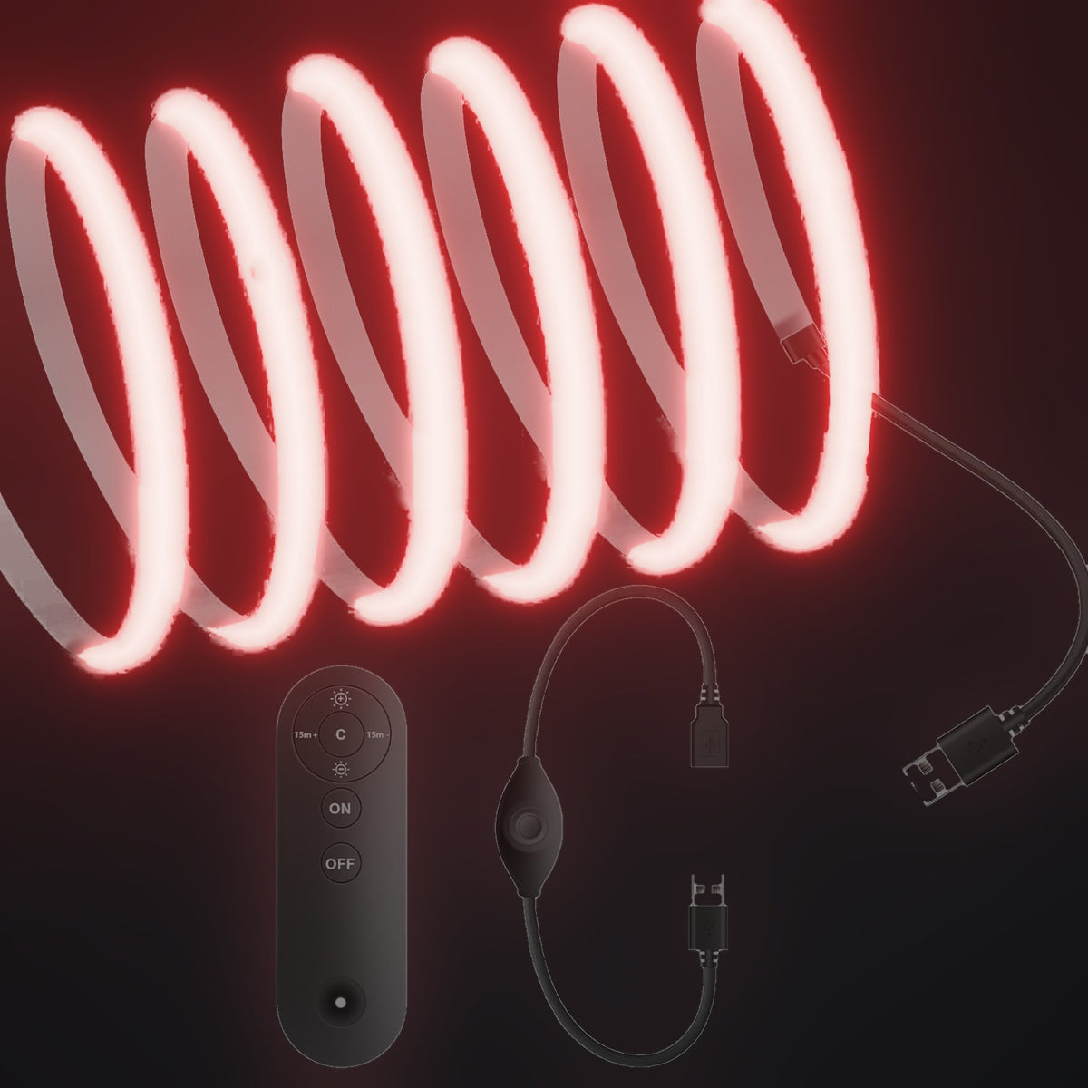 Linework COB strip in red, with USB plug and one remote dimmer