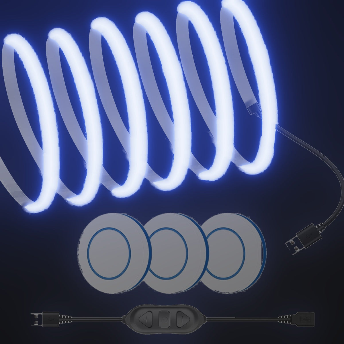 Linework COB strip in blue, with USB plug and three remote buttons