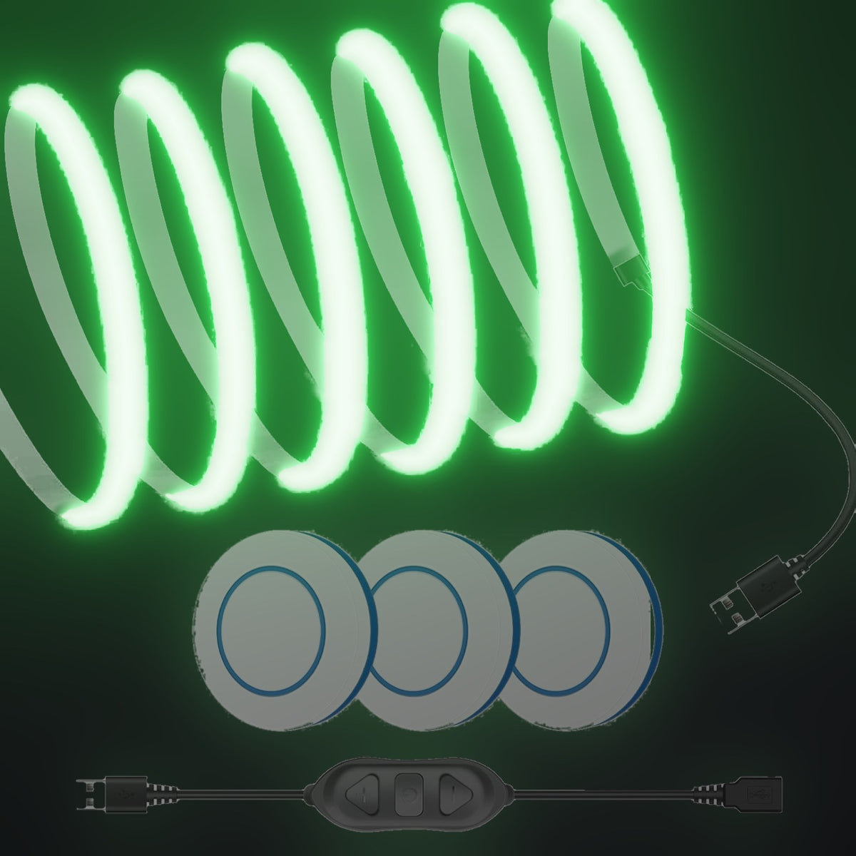 Linework COB strip in green, with USB plug and three remote buttons