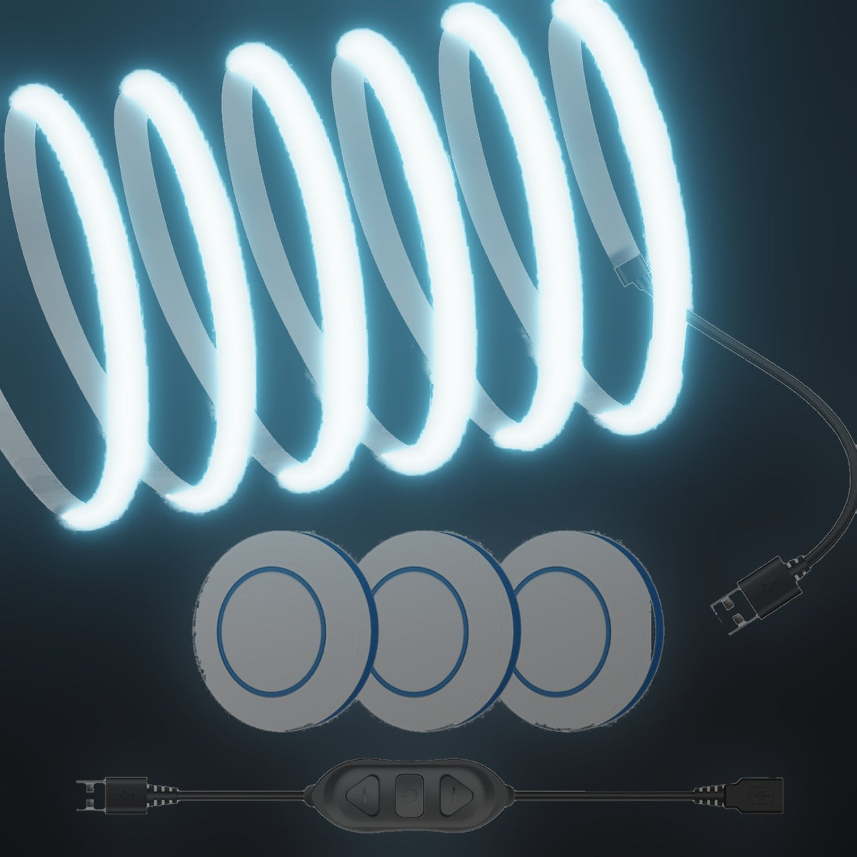 Linework COB strip in ice blue, with USB plug and three remote buttons