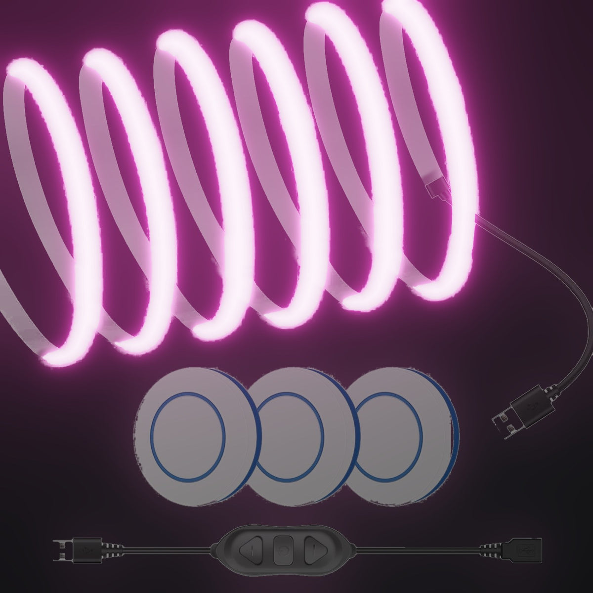 Linework COB strip in pink, with USB plug and three remote buttons