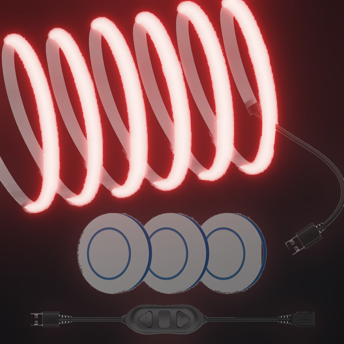 Linework COB strip in red, with USB plug and three remote buttons