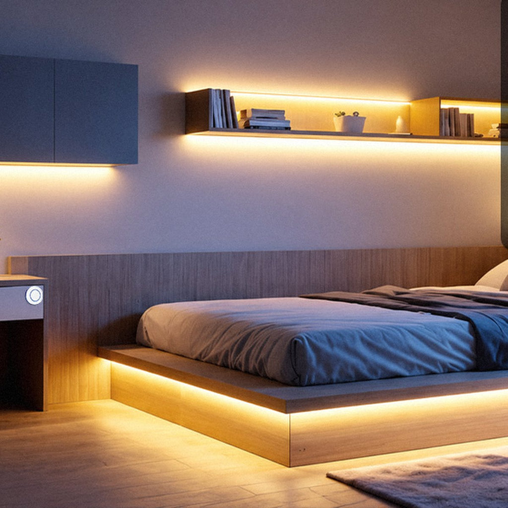 COB strip glowing under a platform bed and along a wall shelf