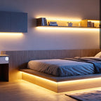 COB strip glowing under a platform bed and along a wall shelf