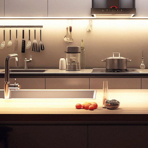 COB strip lighting a kitchen worktop from under the wall cabinets