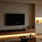 COB strip glowing under a TV unit in a living room